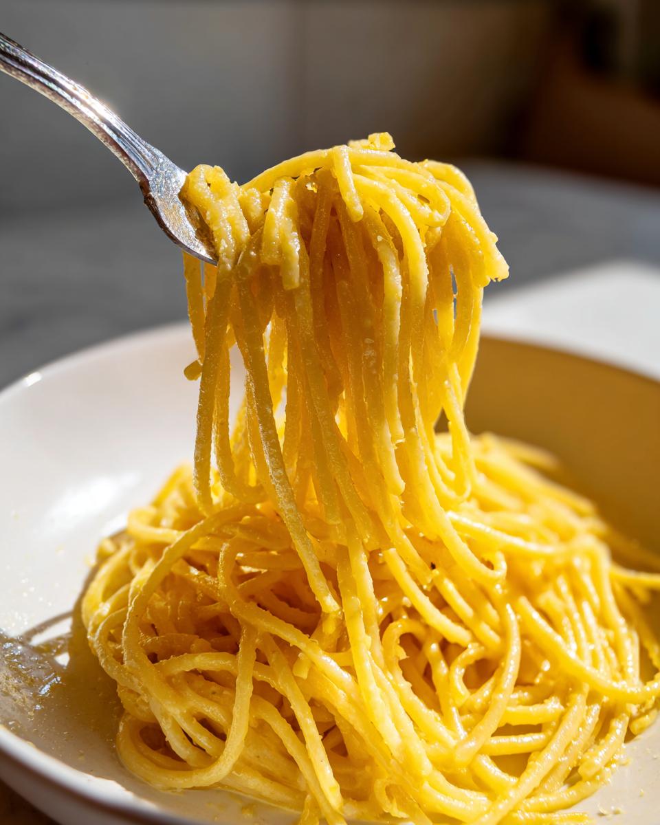 A fork lifts a generous portion of bright yellow, saucy creamy lemon pasta from a white bowl.