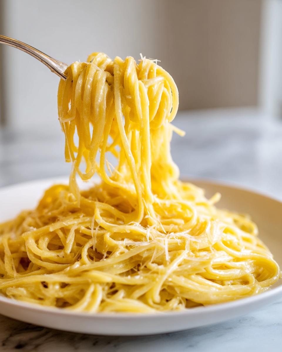 A fork lifts a generous twirl of spaghetti coated in rich, creamy lemon pasta sauce, topped with grated Parmesan.