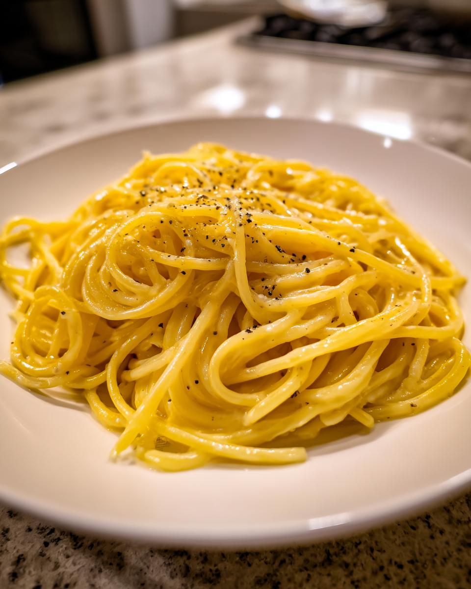 Close-up of a bowl of creamy lemon pasta, coated in a rich yellow sauce and topped with freshly ground black pepper.