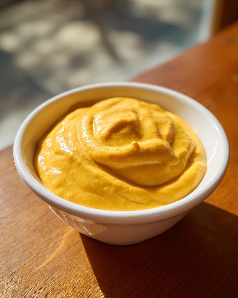 A small white bowl filled with thick, vibrant orange nacho cheese sauce sitting on a wooden surface.