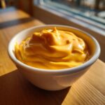 A close-up of thick, vibrant orange nacho cheese sauce swirled in a small white bowl.