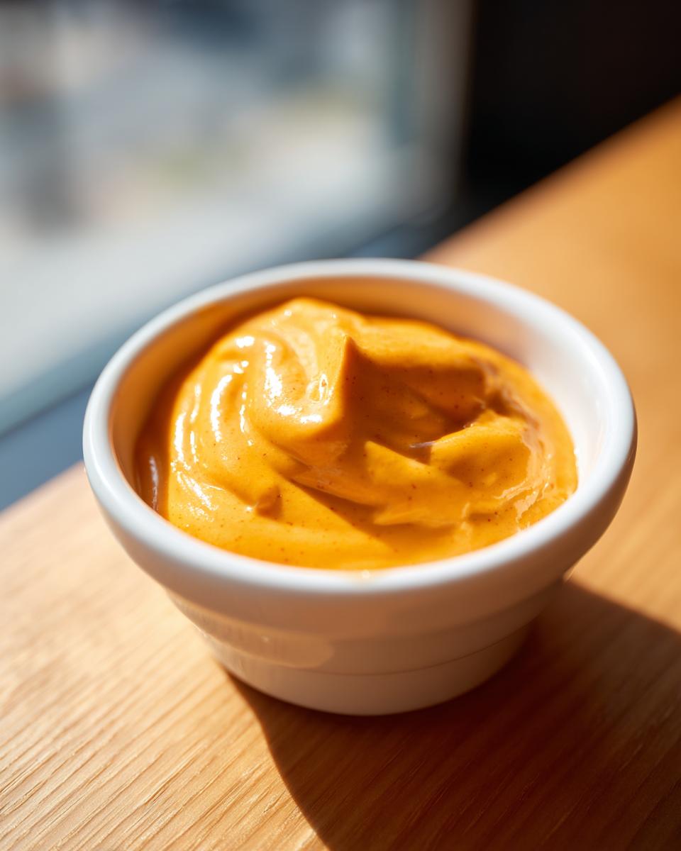 A close-up shot of thick, vibrant orange nacho cheese sauce swirled in a small white dipping bowl.