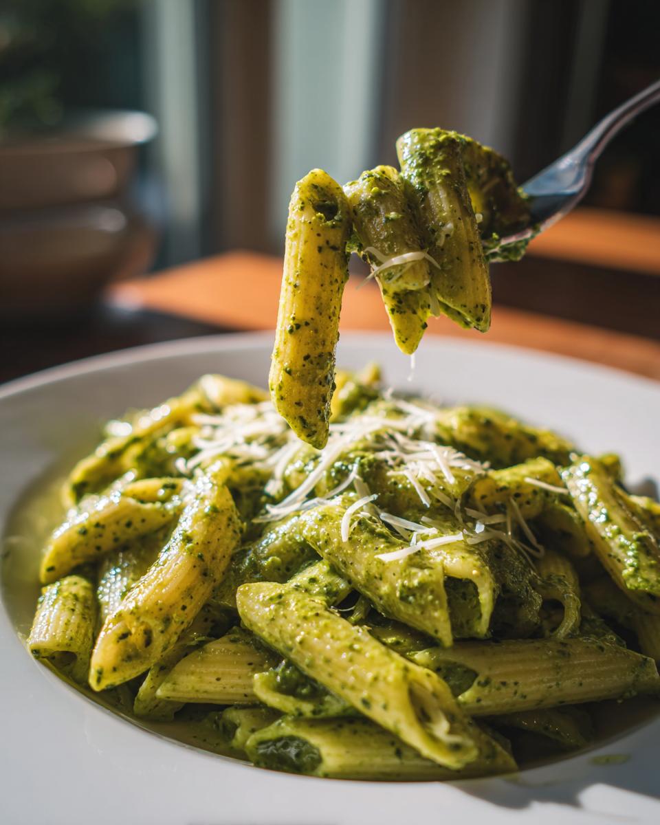 A fork lifts several pieces of penne coated in vibrant green sauce for creamy pesto pasta, topped with grated cheese.