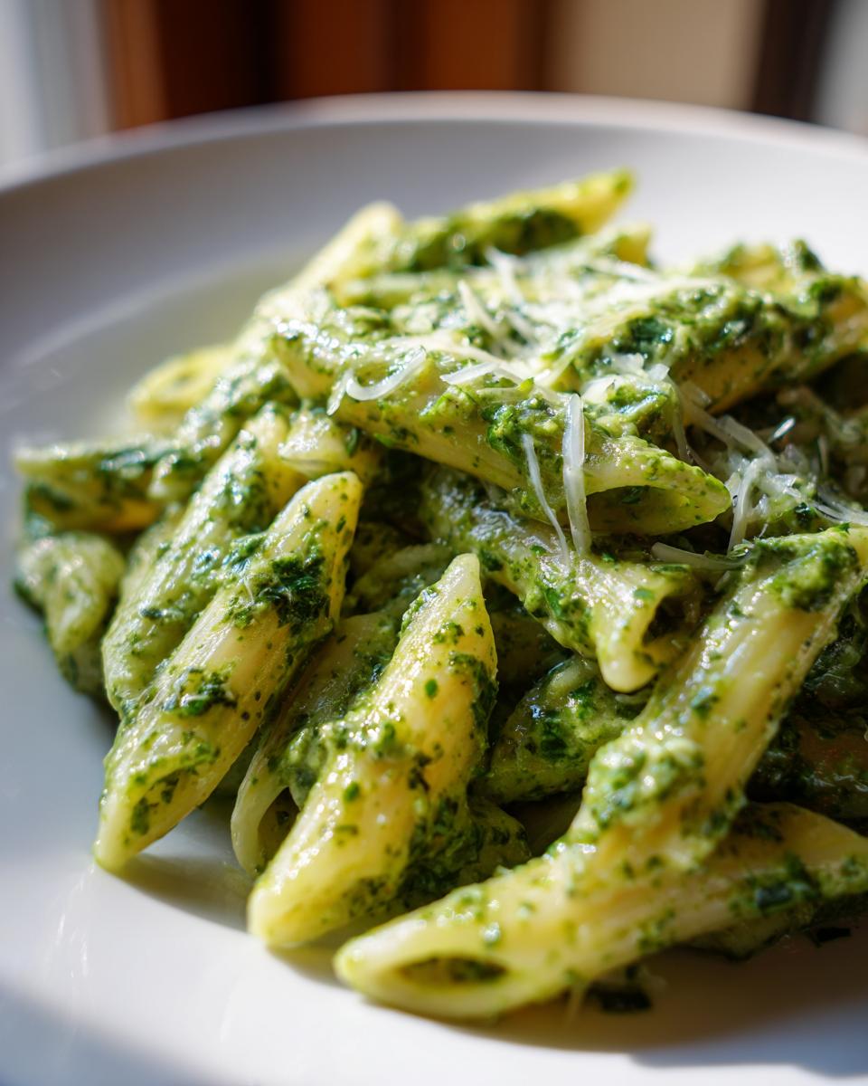 A close-up shot of penne coated in rich, creamy pesto pasta sauce, topped with grated Parmesan cheese.