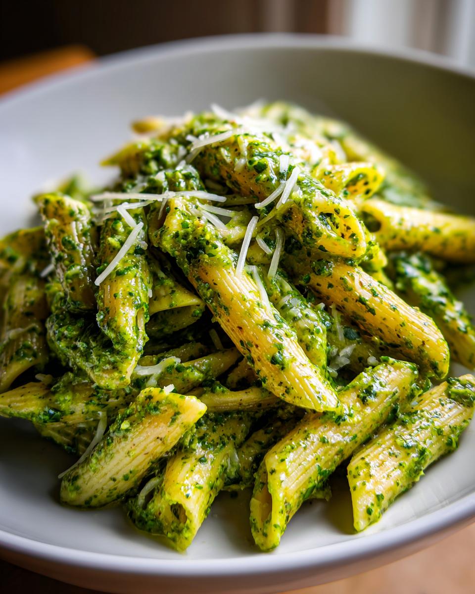 A close-up of penne pasta generously coated in vibrant green creamy pesto pasta sauce, topped with shredded parmesan cheese.