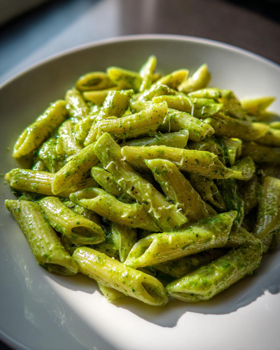 A close-up shot of penne pasta coated in vibrant green, creamy pesto pasta sauce, served on a white plate.