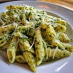 A close-up shot of penne pasta coated in rich, creamy pesto pasta sauce and topped with shredded Parmesan cheese.