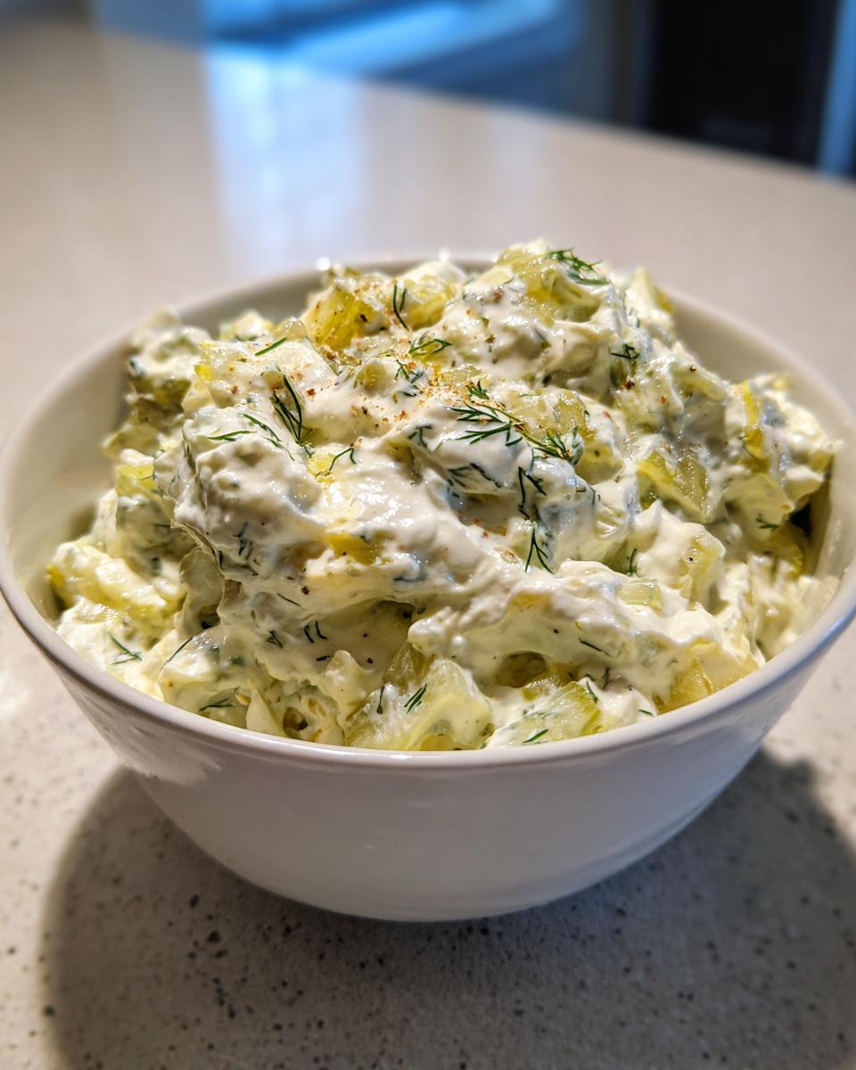 A close-up of creamy, chunky pickle dip garnished with fresh dill and spices in a white serving bowl.
