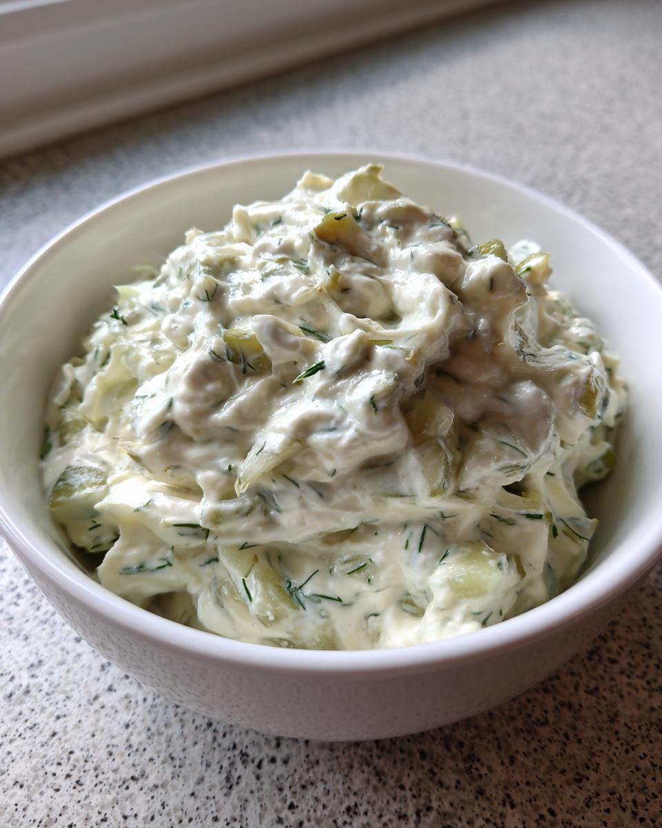 Close-up of a creamy, chunky homemade pickle dip featuring chopped pickles and dill in a white serving bowl.