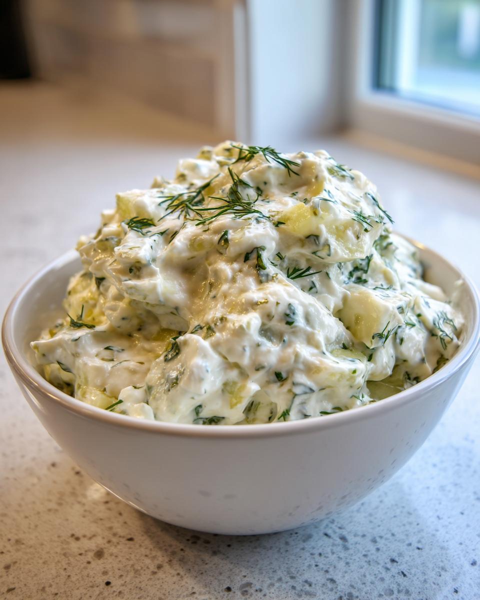 A white bowl filled high with creamy, chunky pickle dip topped with fresh dill.