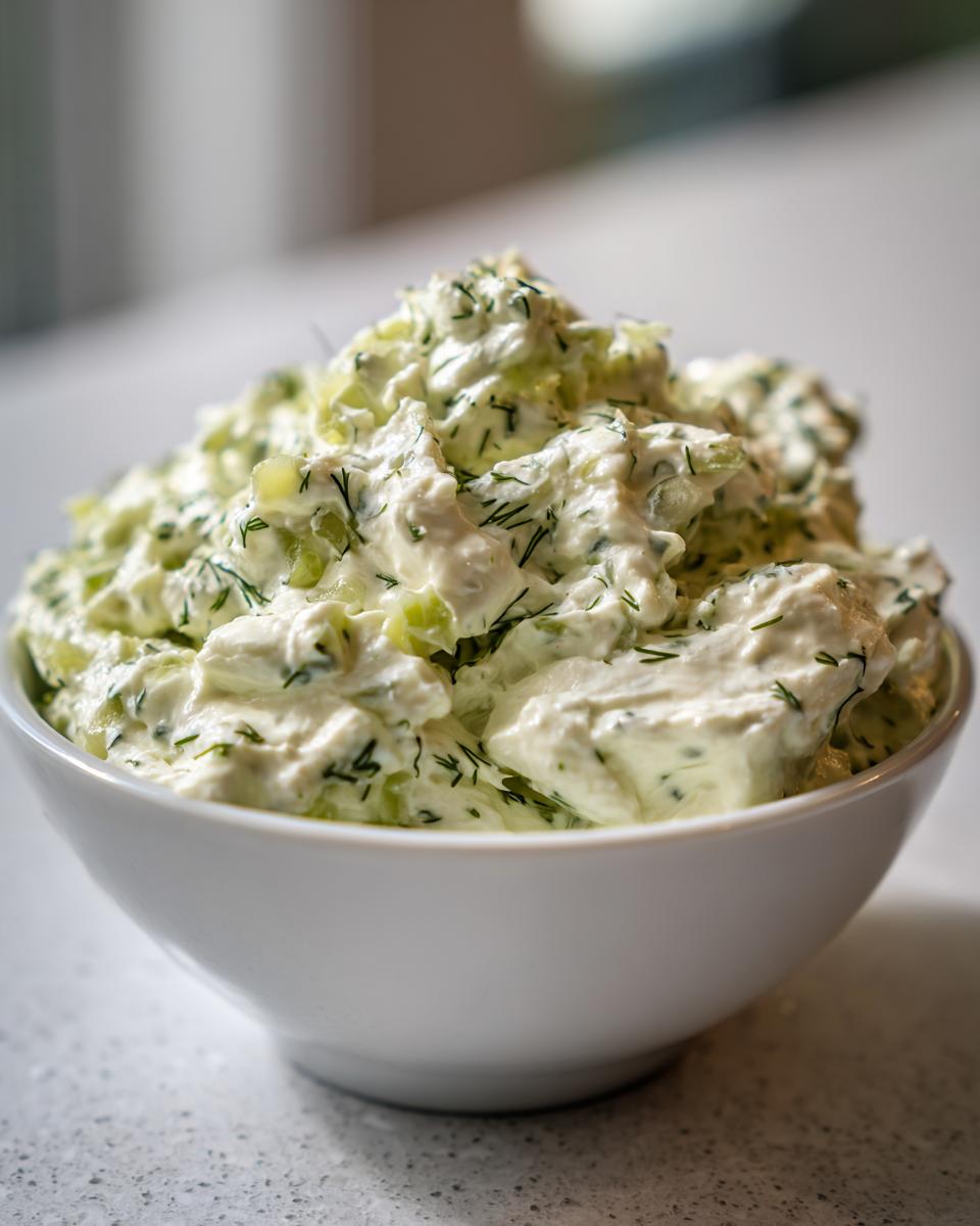 A close-up of creamy, chunky pickle dip mixed with fresh dill, served in a white bowl.