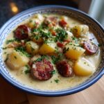 Close-up of a creamy potato and sausage chowder, featuring chunks of potato and browned sausage slices, topped with fresh parsley.