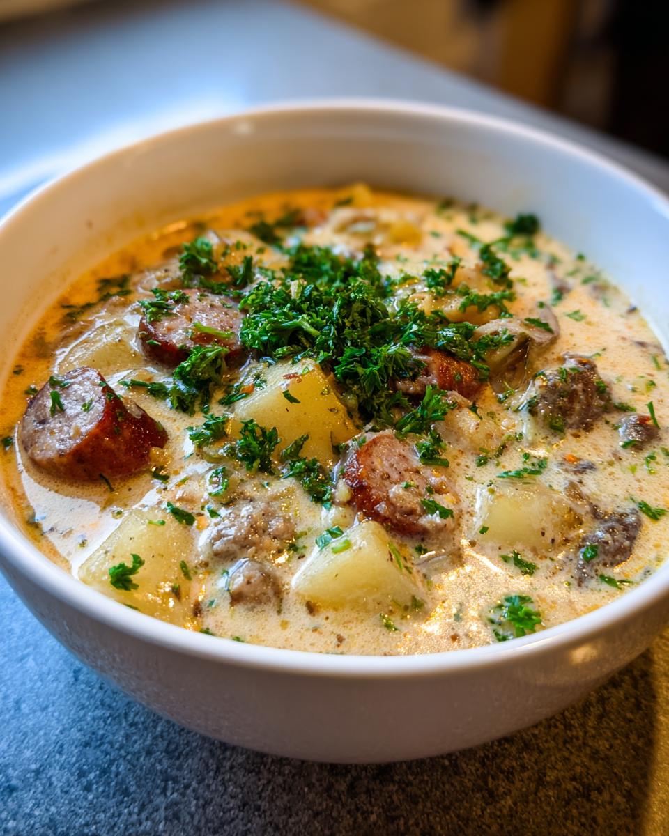 Close-up of a hearty bowl of creamy potato and sausage chowder topped with fresh parsley.
