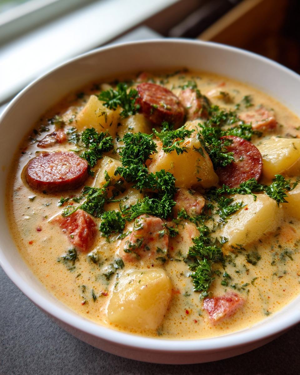 Close-up of a creamy potato and sausage chowder topped generously with fresh parsley.