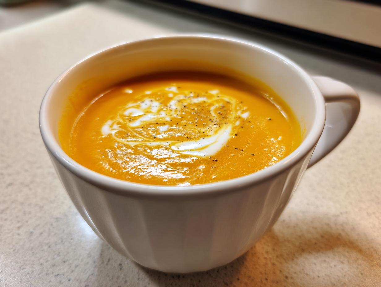 Close-up of rich orange pumpkin soup garnished with a swirl of cream and black pepper in a white mug.