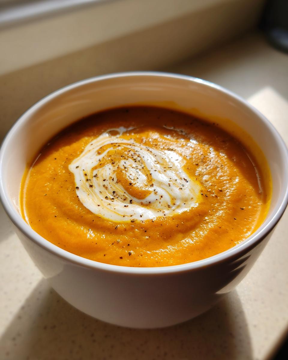 Close-up of a white bowl filled with bright orange pumpkin soup, topped with a swirl of cream and cracked black pepper.