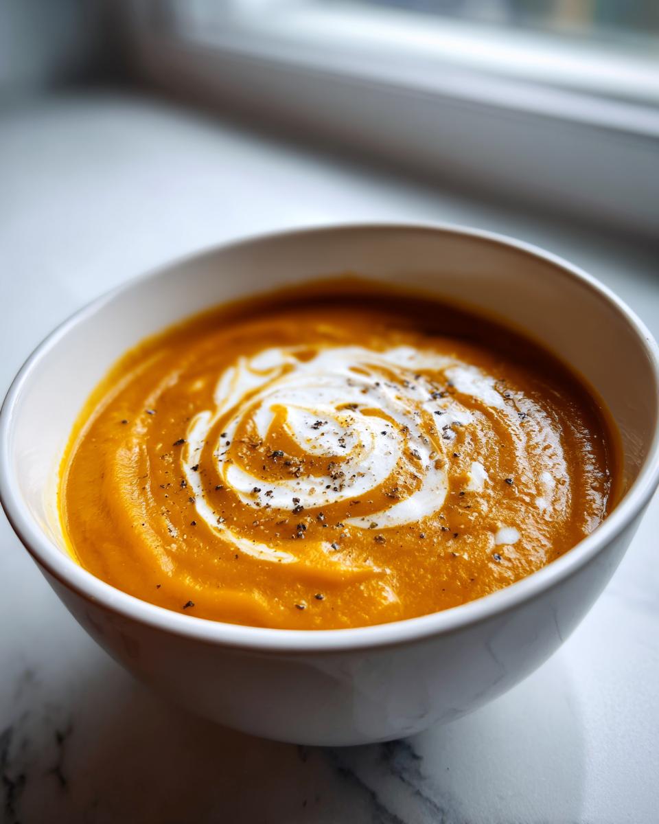 A close-up of a vibrant orange bowl of creamy pumpkin soup, swirled with cream and topped with black pepper.