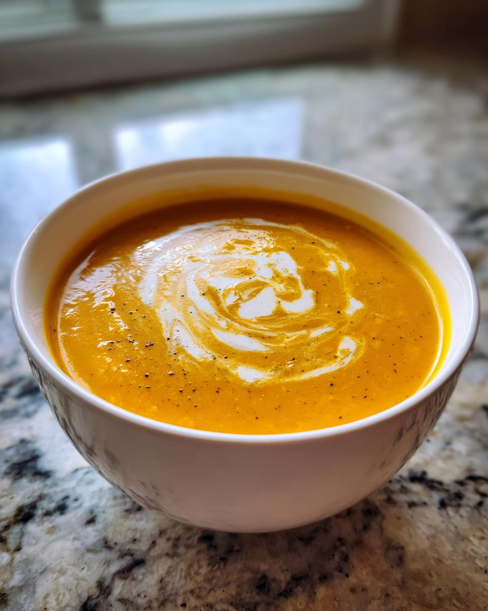 Close-up of a white bowl filled with vibrant orange pumpkin soup, swirled with cream and sprinkled with pepper.