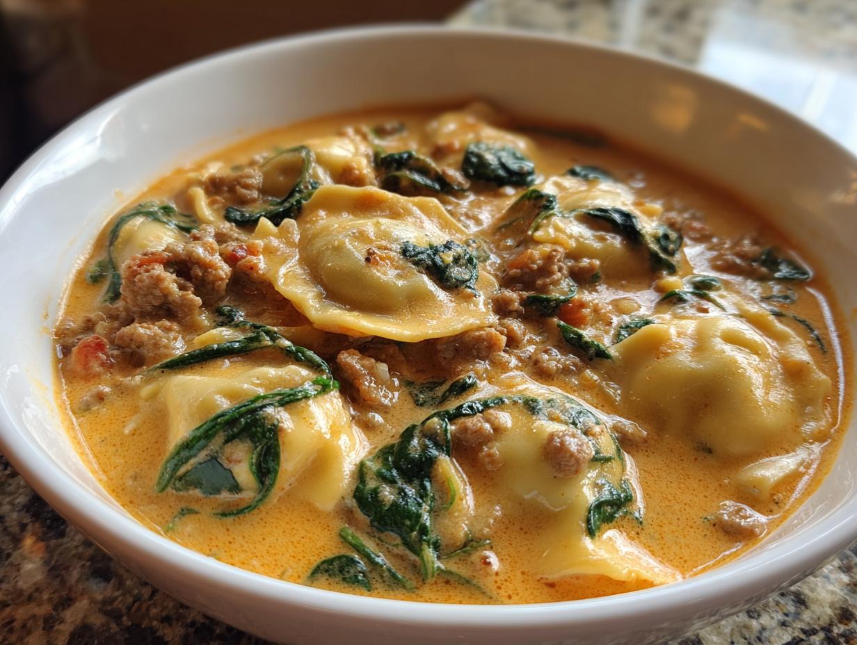 Close-up of a white bowl filled with creamy, orange-hued ravioli soup featuring cheese ravioli, ground meat, and spinach.