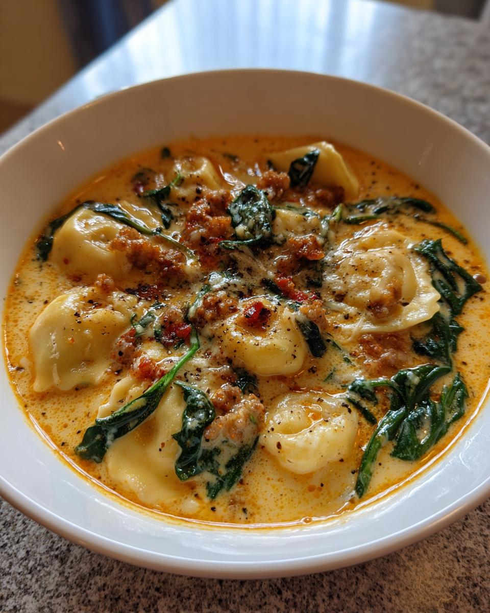 A close-up bowl of creamy, orange-hued ravioli soup featuring cheese ravioli, crumbled sausage, and wilted spinach.