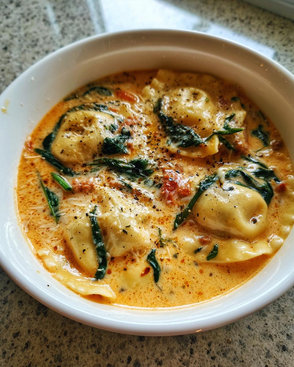 Close-up of a white bowl filled with creamy, orange-hued ravioli soup, featuring spinach and black pepper.