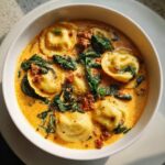 A close-up, top-down view of a bowl of creamy ravioli soup featuring cheese ravioli, wilted spinach, and ground sausage.