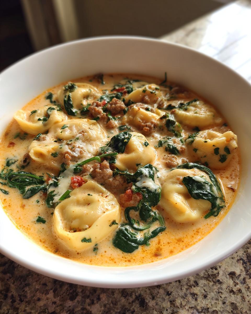 Close-up of a bowl of creamy ravioli soup filled with tortellini, spinach, and sausage.