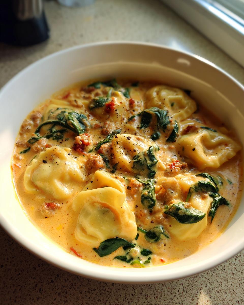 Close-up of a white bowl filled with creamy ravioli soup featuring tortellini, spinach, and sausage.