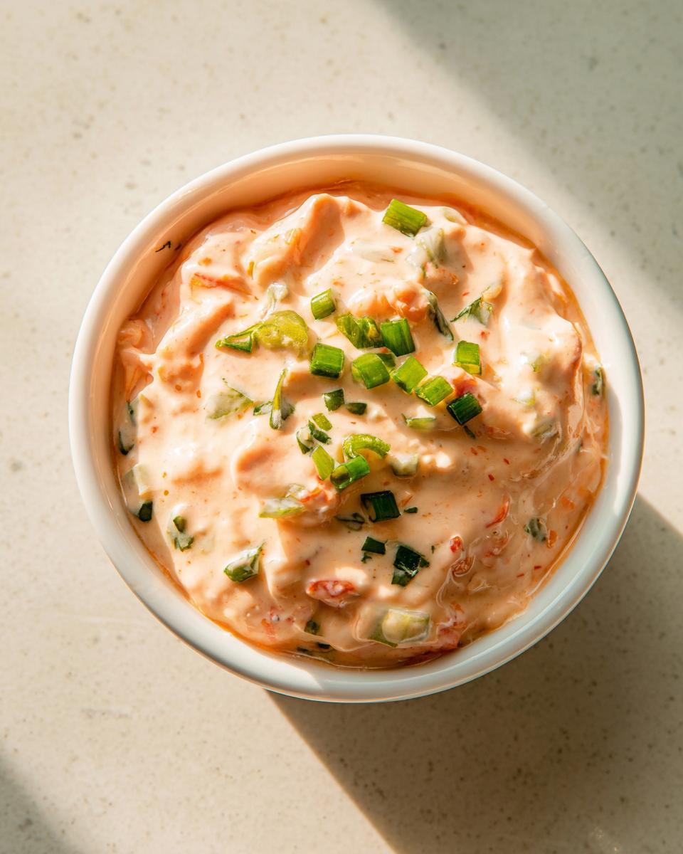 Overhead view of a small white bowl filled with creamy, orange-tinted remoulade sauce, garnished with chopped green onions.