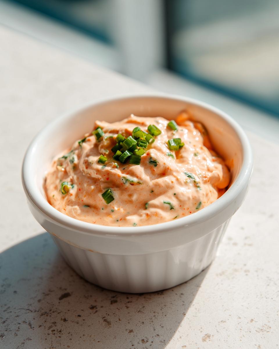 A close-up of creamy, orange-hued remoulade sauce topped with fresh chopped chives in a white bowl.