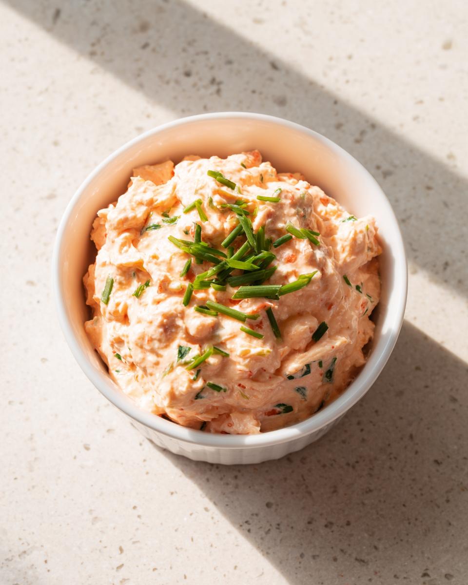 A close-up, overhead shot of creamy, orange-hued remoulade sauce topped with fresh chives in a white bowl.