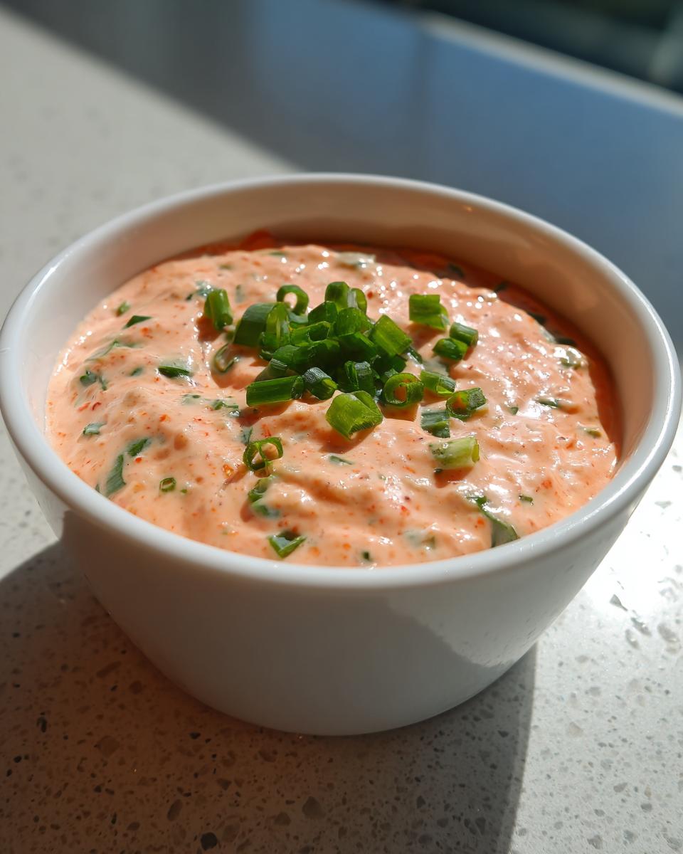 Close-up of a creamy, orange-hued remoulade sauce in a white bowl, garnished with fresh chopped green onions.