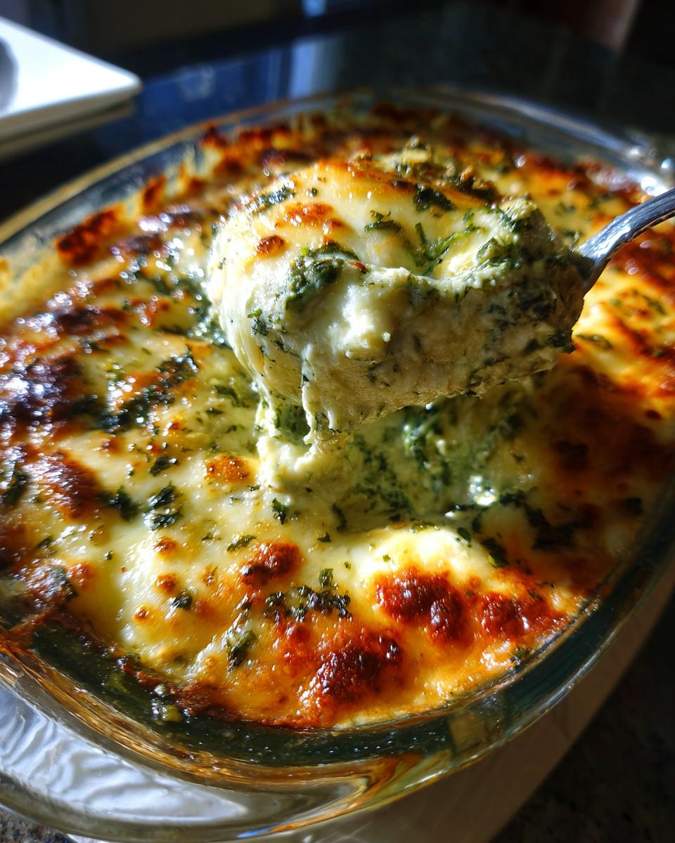 A spoonful of hot, cheesy spinach artichoke dip being lifted from a bubbly, baked glass dish.