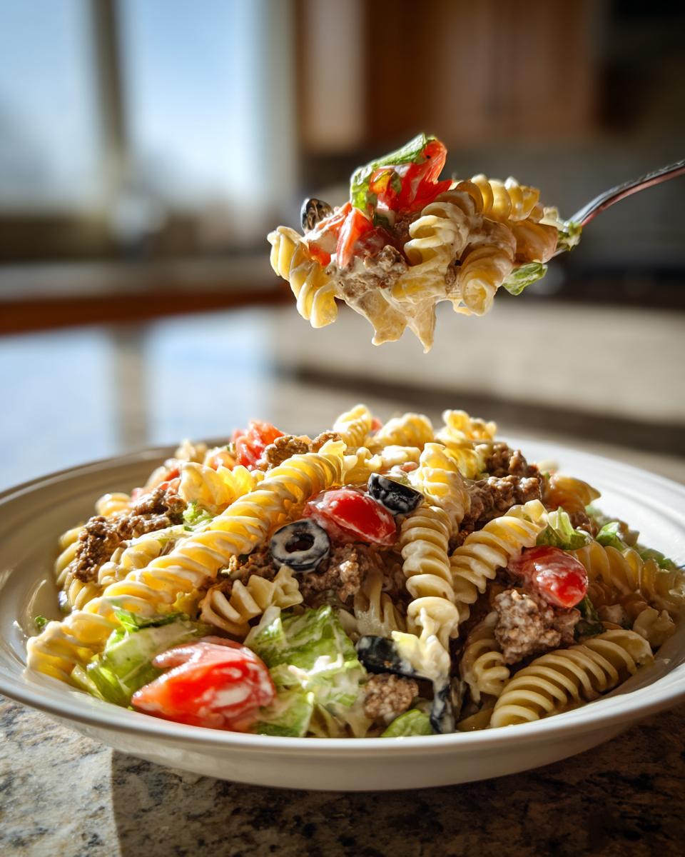 A fork lifting a bite of creamy taco pasta salad over a full bowl containing pasta, ground meat, lettuce, tomatoes, and olives.