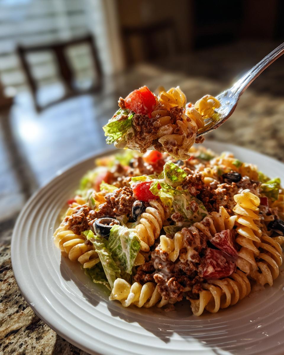 A fork lifting a bite of creamy taco pasta salad, showing rotini pasta, seasoned ground beef, lettuce, and tomato.
