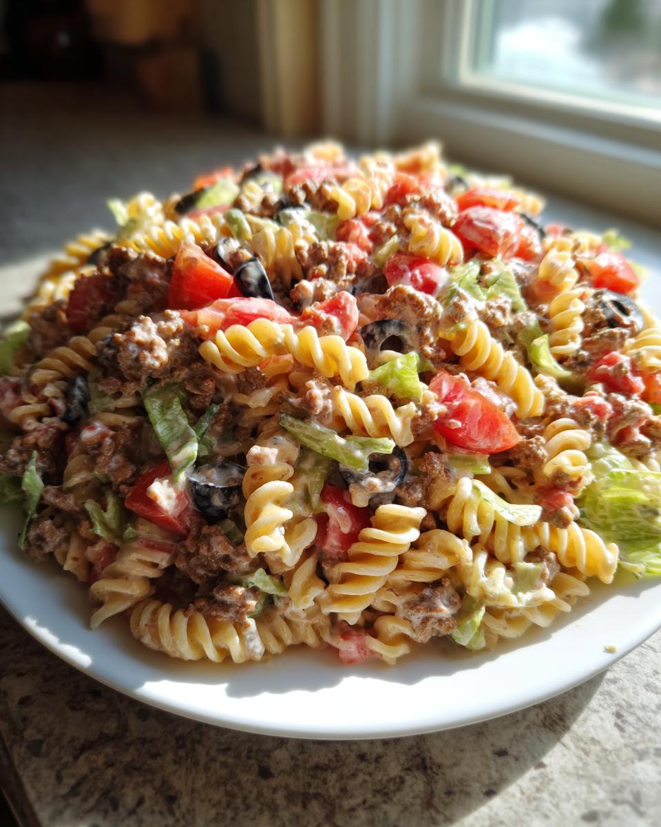 A close-up of a creamy taco pasta salad featuring rotini pasta, seasoned ground meat, tomatoes, olives, and lettuce.