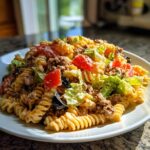 A close-up serving of creamy taco pasta salad featuring rotini pasta, seasoned ground beef, lettuce, tomatoes, and black olives.