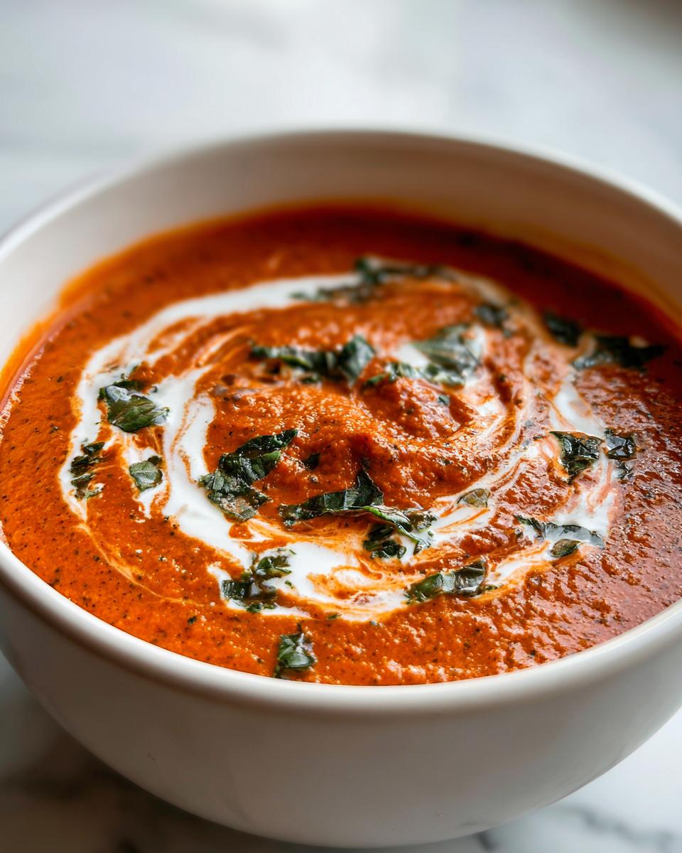 Close-up of rich, red tomato basil soup topped with a swirl of cream and fresh basil.