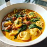 A close-up, appetizing shot of creamy tortellini soup featuring cheese tortellini, crumbled sausage, and wilted spinach, garnished with fresh herbs.