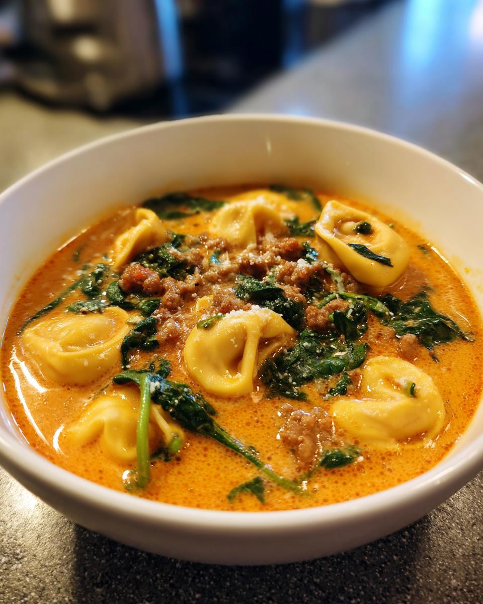 A close-up of a white bowl filled with creamy tortellini soup, featuring cheese tortellini, ground sausage, and wilted spinach.