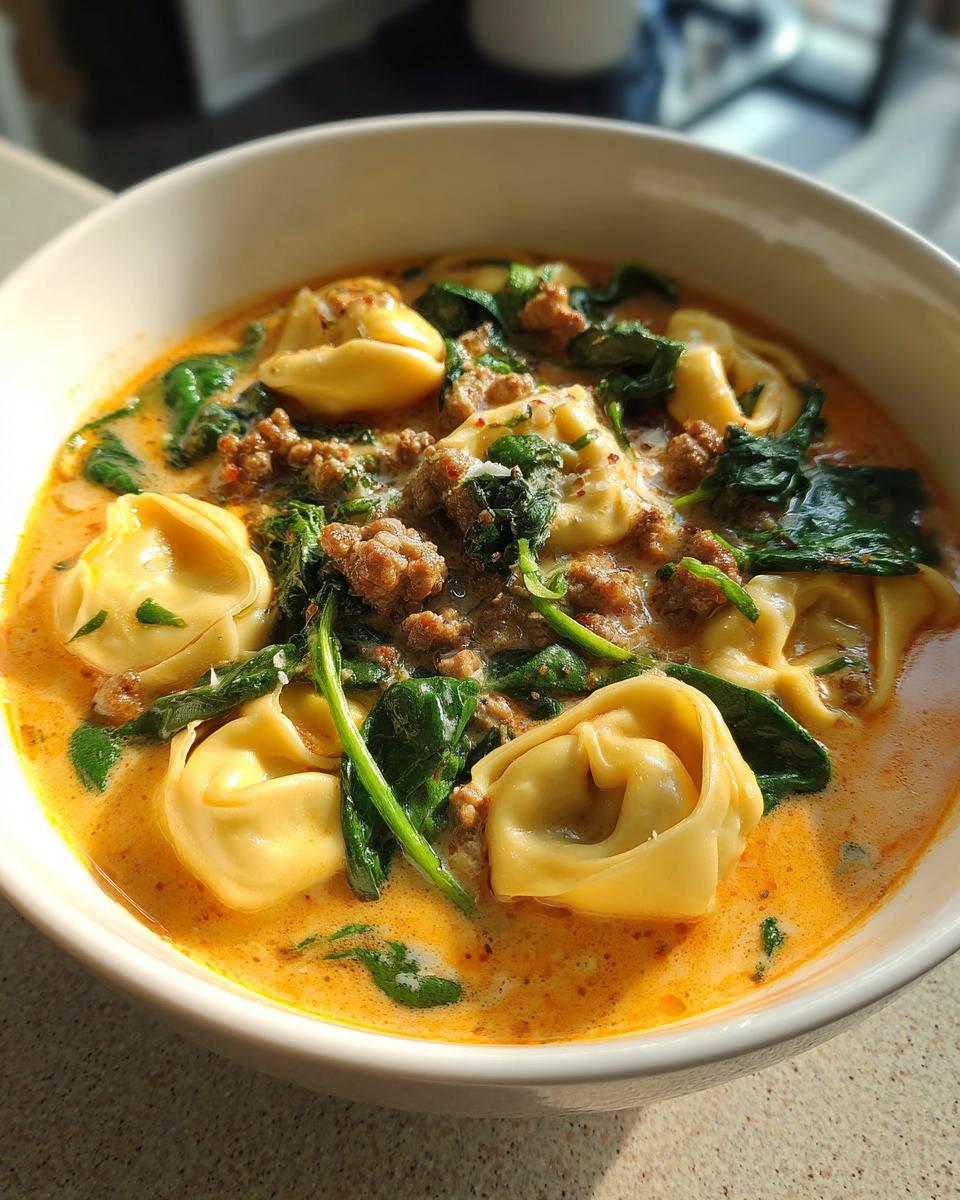 A close-up view of a white bowl filled with rich, creamy tortellini soup featuring cheese tortellini, ground sausage, and wilted spinach.