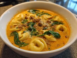 A close-up of a white bowl filled with rich, orange-hued creamy tortellini soup featuring pasta, ground meat, and wilted spinach.