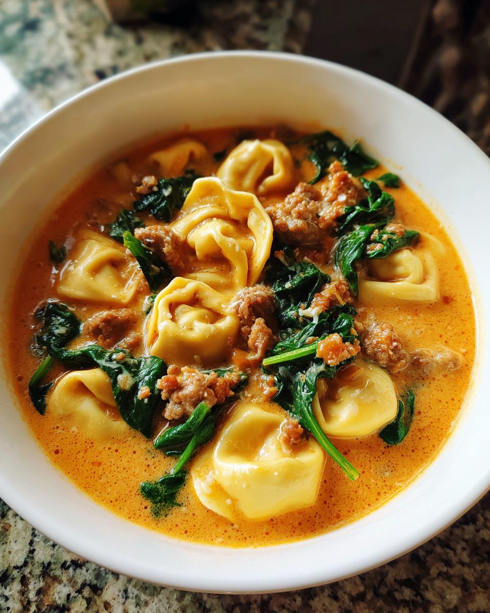 A close-up shot of a white bowl filled with creamy tortellini soup, featuring tortellini pasta, crumbled sausage, and wilted spinach.