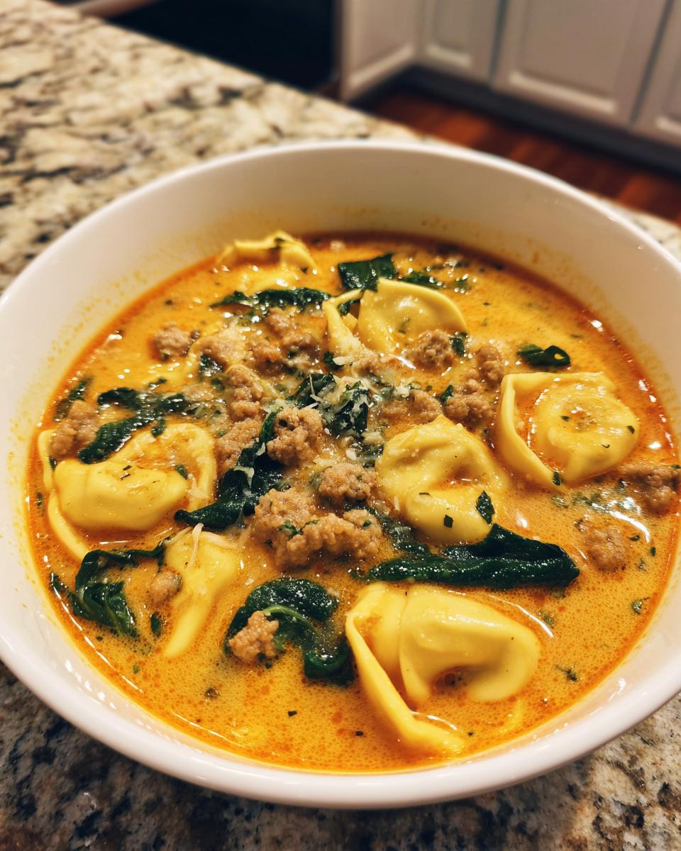 Close-up of a white bowl filled with creamy tortellini soup, featuring tortellini, crumbled sausage, and wilted spinach.