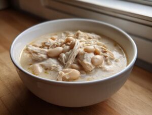 A close-up of a white bowl filled with creamy white chicken chili, featuring shredded chicken and white beans.