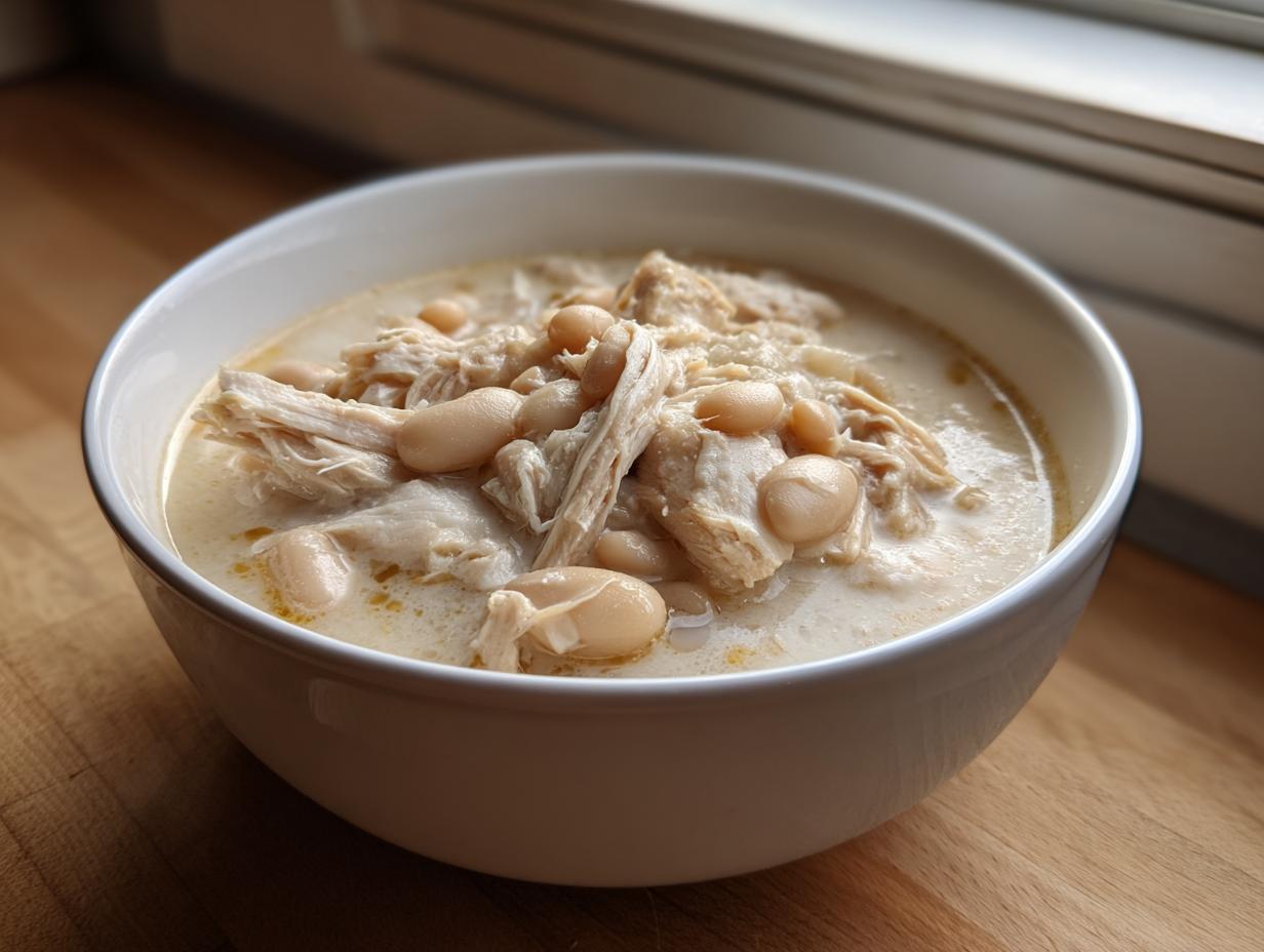 A close-up of a white bowl filled with creamy white chicken chili, featuring shredded chicken and white beans.