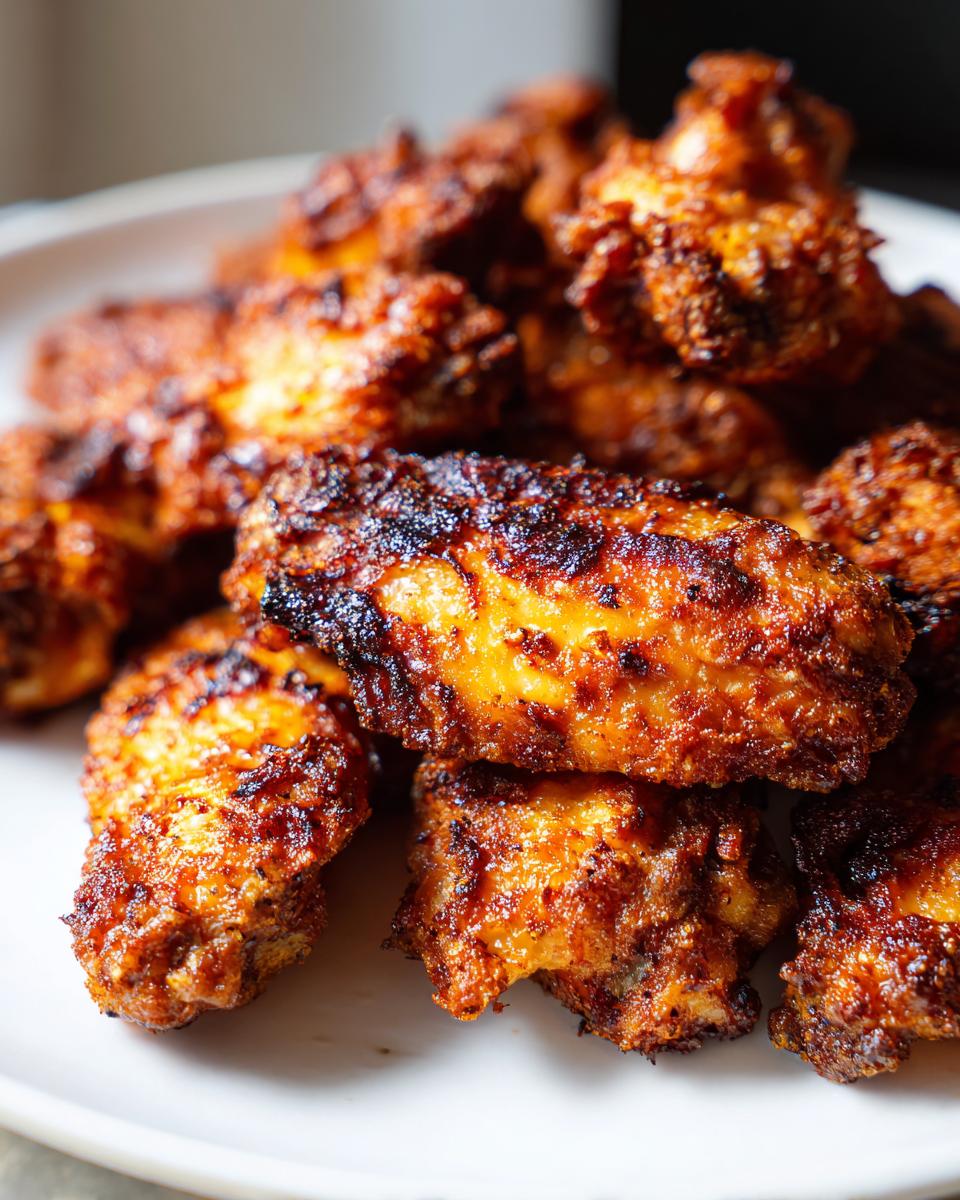 Close-up of perfectly cooked, dark golden brown and crispy air fryer chicken wings piled on a white plate.