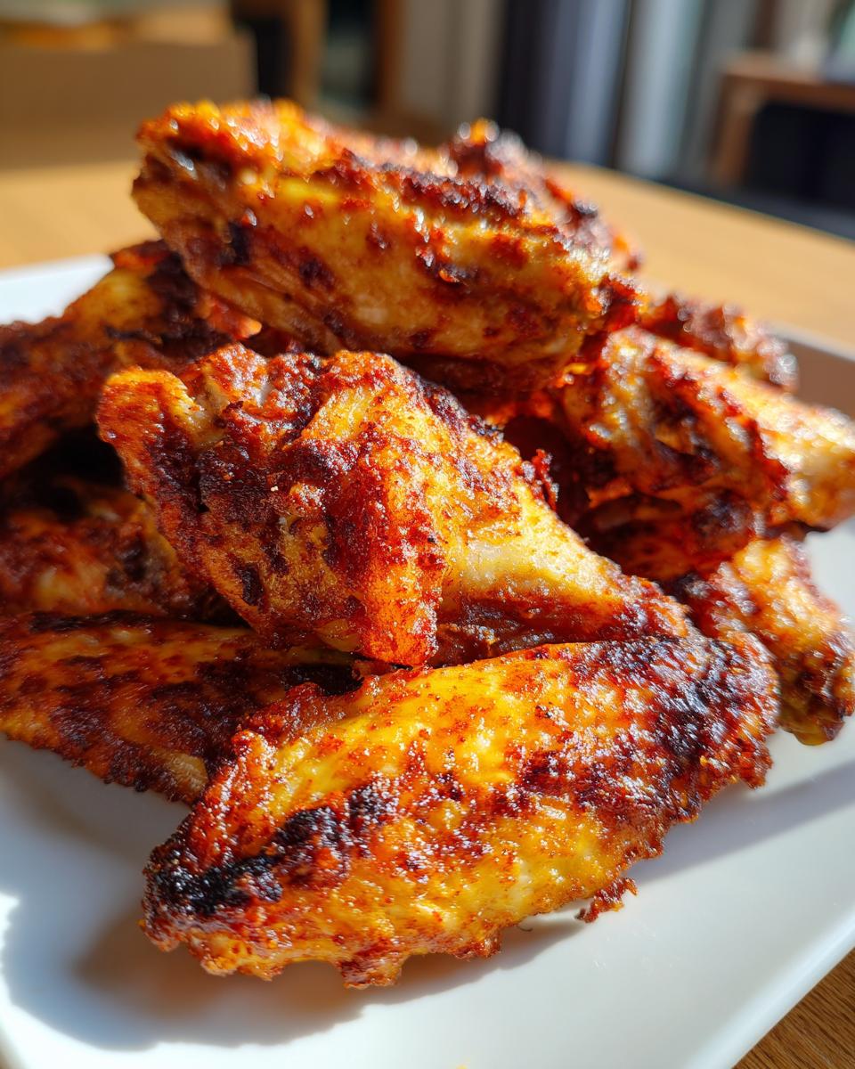 A close-up of a pile of golden brown, seasoned, crispy air fryer chicken wings on a white plate.