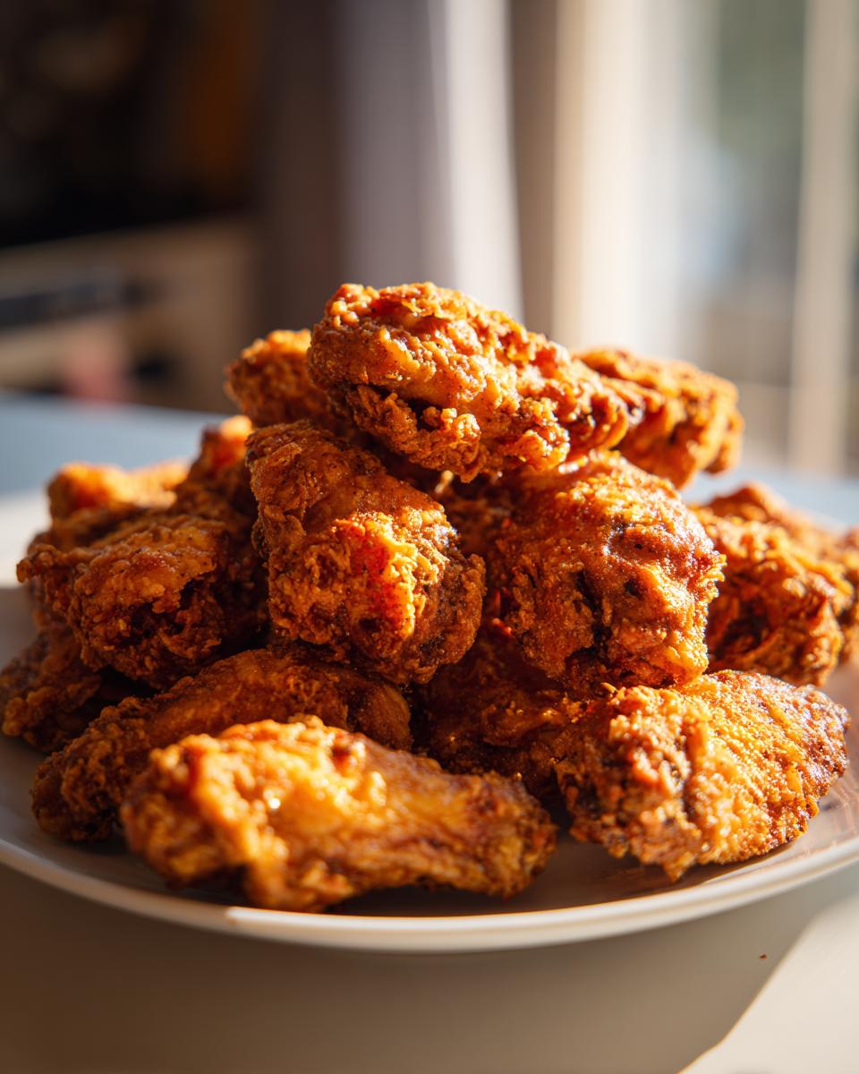 A close-up pile of golden brown, crispy air fryer chicken wings illuminated by natural light.
