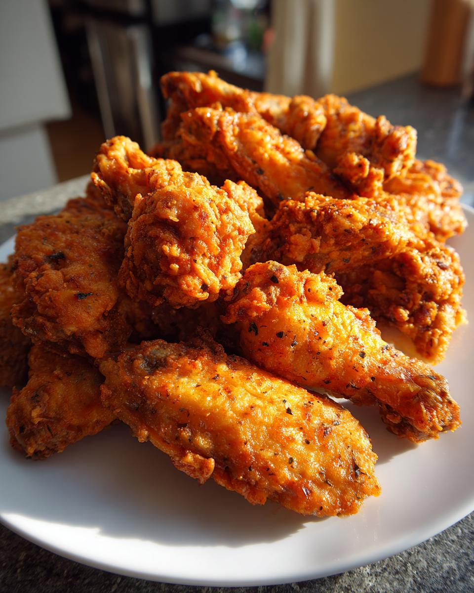 A mound of golden brown, seasoned crispy air fryer chicken wings piled high on a white plate.